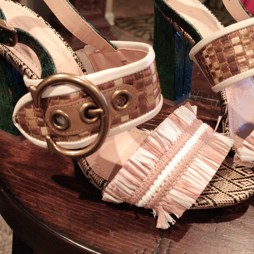 FINAL PRICE Coach Women's Green Tan and White Sandals w Chunky Heels 8.5 - Picture 3 of 13